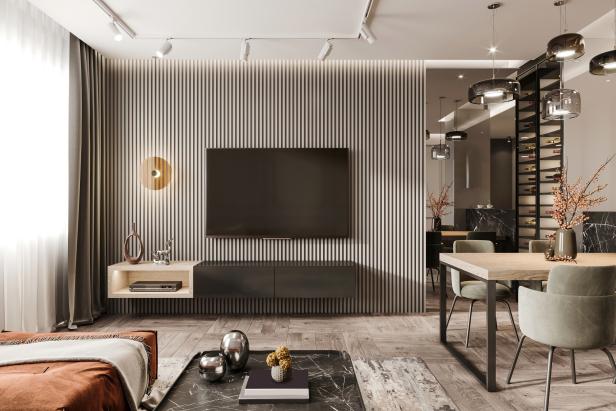 Large TV screen on the modern wall with panelling. Render