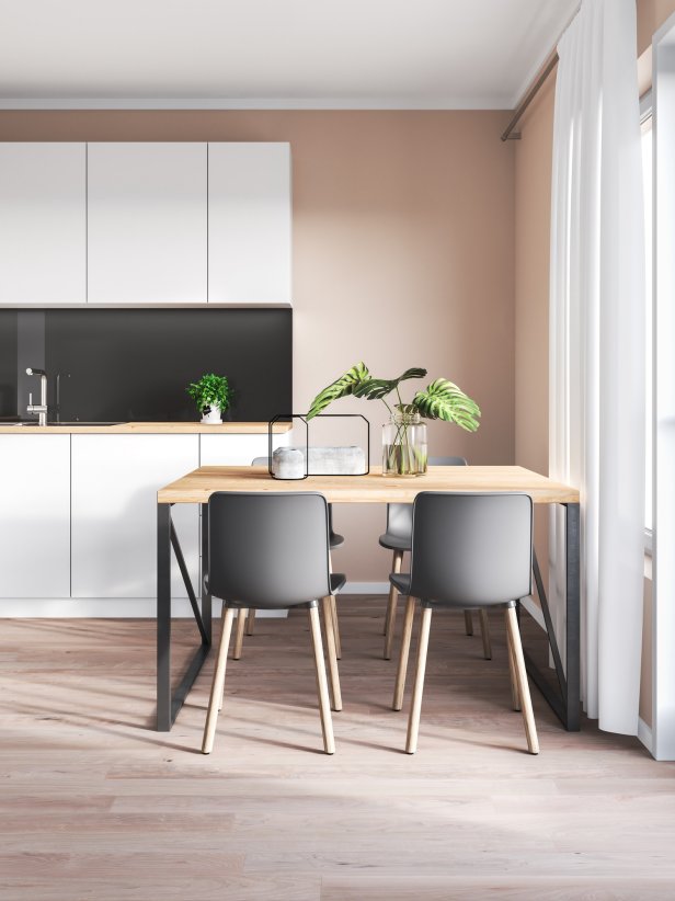 Minimalist kitchen and dining room. Render image.