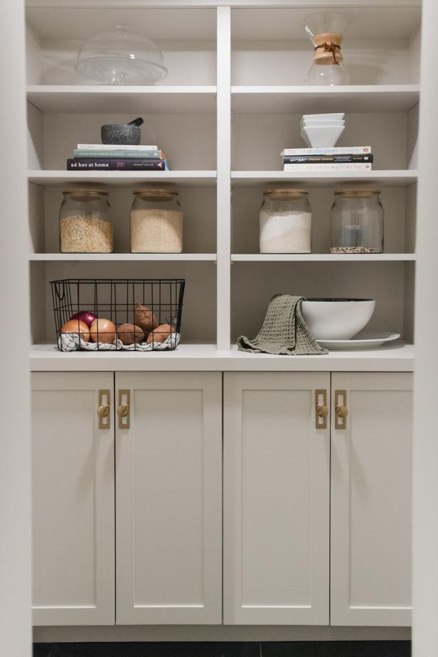 Contemporary White Pantry With Open Shelving and Glass Storage Vessels ...