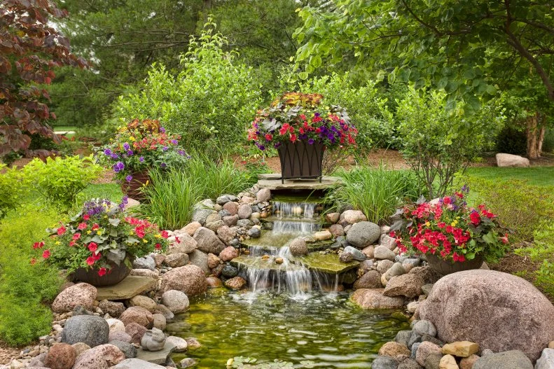 Backyard Water Feature and Flowers A small waterfall in a grassy backyard surrounded by pots of colorful flowers.