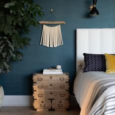 Blue Contemporary Bedroom With Wall Hanging
