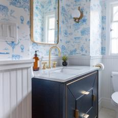Powder Room With Blue Toile Wallpaper