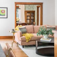 Transitional Living Room With Pink Linen Sofa