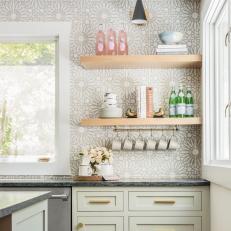Contemporary Kitchen With Gray Floral Tiles