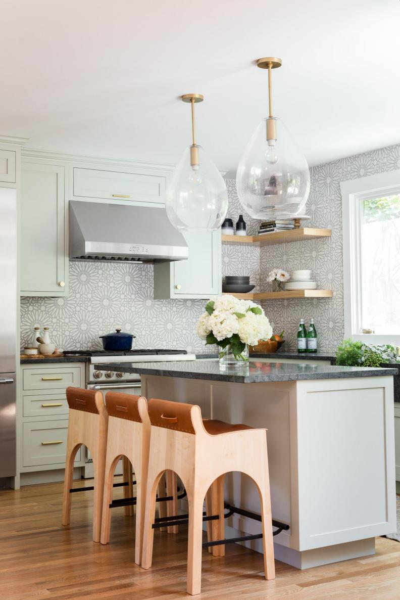 Gray Kitchen With White Hydrangeas