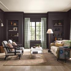 Black Transitional Living Room Featuring HGTV Home by Sherwin-Williams' 2023 Color of the Year