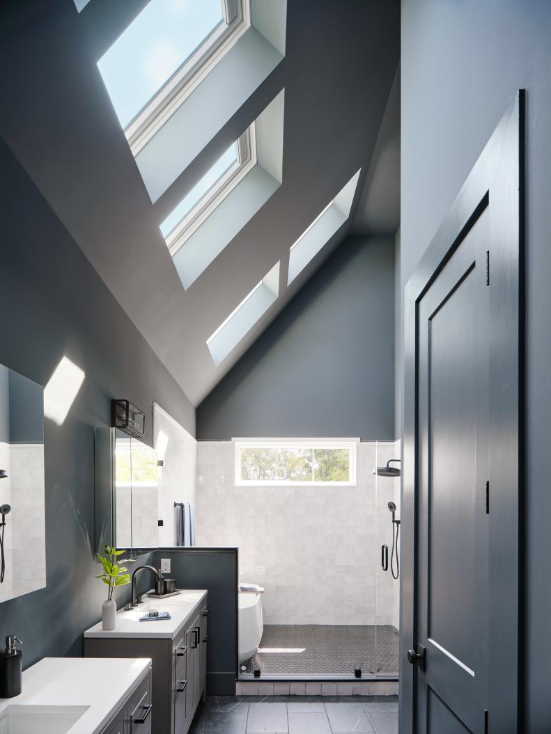 Built-in skylights in the vaulted ceiling elevate the space and draw the eye upward while also keeping natural light a focal point.