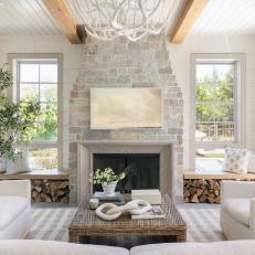Three-Season Contemporary Neutral Porch With Stone Fireplace 
