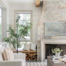 Faux Olive Tree in Coastal Enclosed Patio With Fireplace 