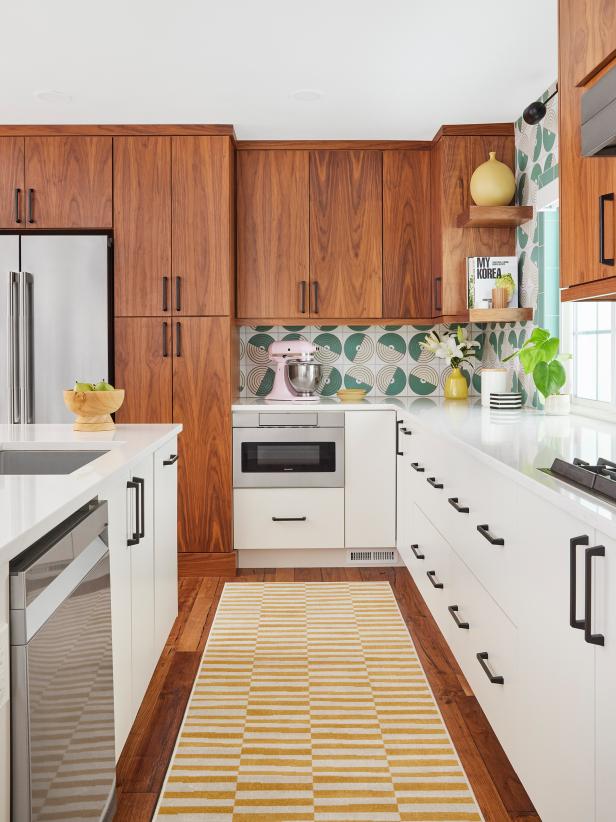 Retro Green Kitchen With Walnut Cabinets