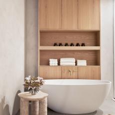 Neutral Modern Spa Bathroom With Oak Cabinets