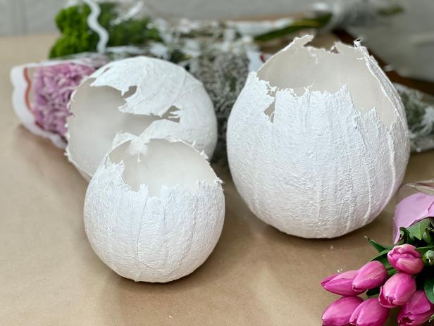 White plaster eggs with jagged edges 