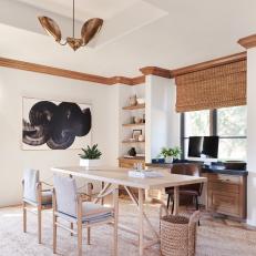 Neutral Contemporary Home Office With Tray Ceiling and Natural Wood Trim 