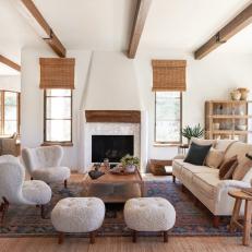 Neutral Contemporary Mediterranean Living Room With Exposed Beams 