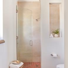 Contemporary Mediterranean Bathroom With Arched Shower and Terra Cotta Tile 