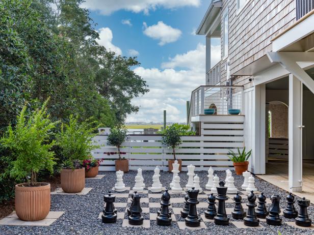 Outdoor Chess Set in a Backyard