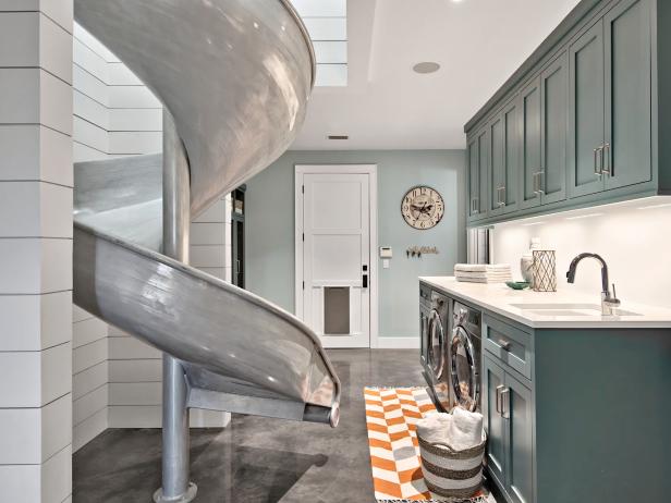 Gray Laundry Room With a Playful Indoor Slide