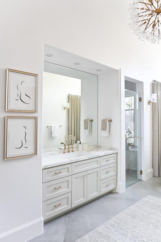 White Transitional Spa Bathroom With Sketches | HGTV