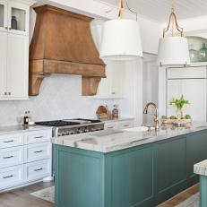Transitional White Kitchen With Wood Range Hood