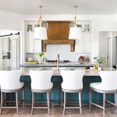 White Transitional Kitchen With Teal Island