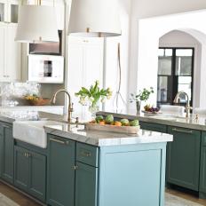 Transitional Chef Kitchen With Teal Islands