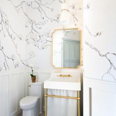 Traditional Powder Room With Floral Wallpaper