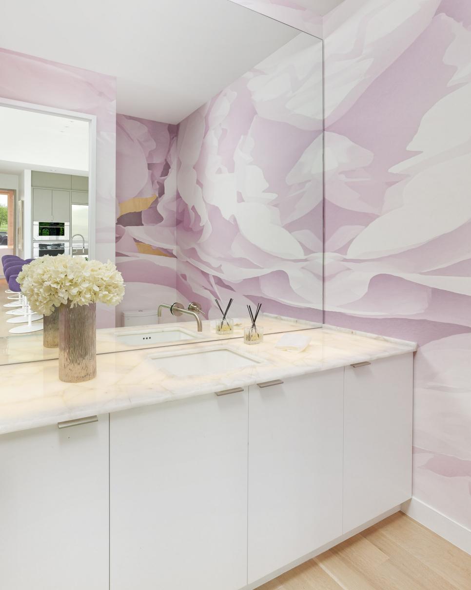 Modern Pink Powder Room With White Flowers HGTV