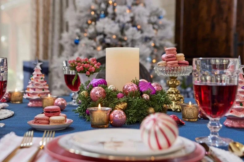 Pink Christmas Table Setting With DIY Candle Ring Centerpiece