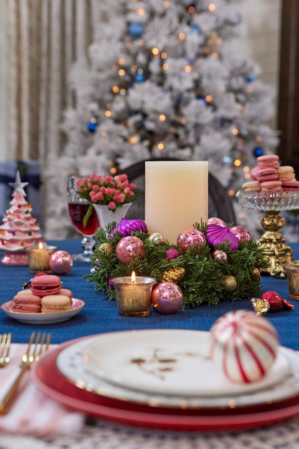 Pink Christmas Table Setting With DIY Candle Ring Centerpiece