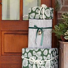 Decorative Wrapped Gifts on Holiday Front Porch