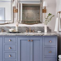 Gray Transitional Bathroom With Purple Vanity