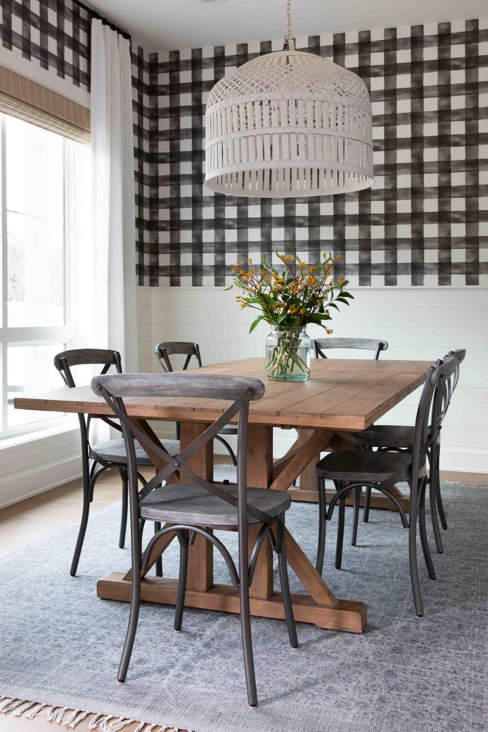 Black and White Dining Room With Plaid Wallpaper  HGTV