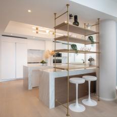White Modern Open Plan Kitchen With Tall Shelf