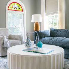 Gray Transitional Living Room With Stained Glass Window