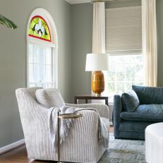 Gray Transitional Living Room With Corduroy Armchair