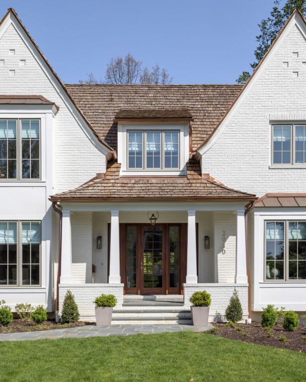 White Brick Exterior and Glass Front Door | HGTV