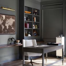 Gray Transitional Home Office With Brown Map