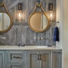 Coastal Gray Bathroom With Rope Mirrors