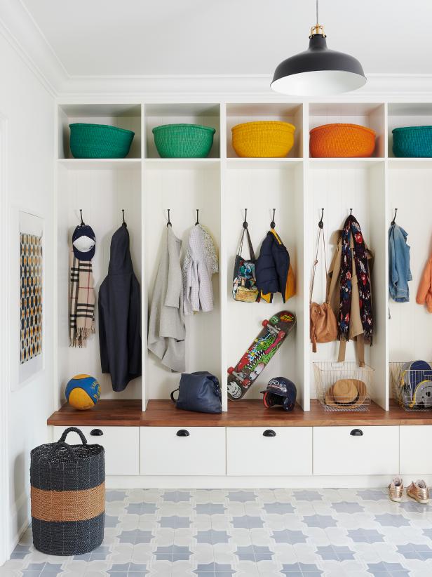 Colorful Mudroom With Storage Cubbies