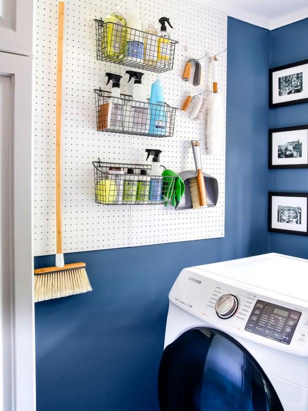 Blue and White Laundry Room With a Pegboard
