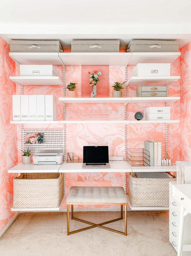 Organized Home Office With Wallpaper