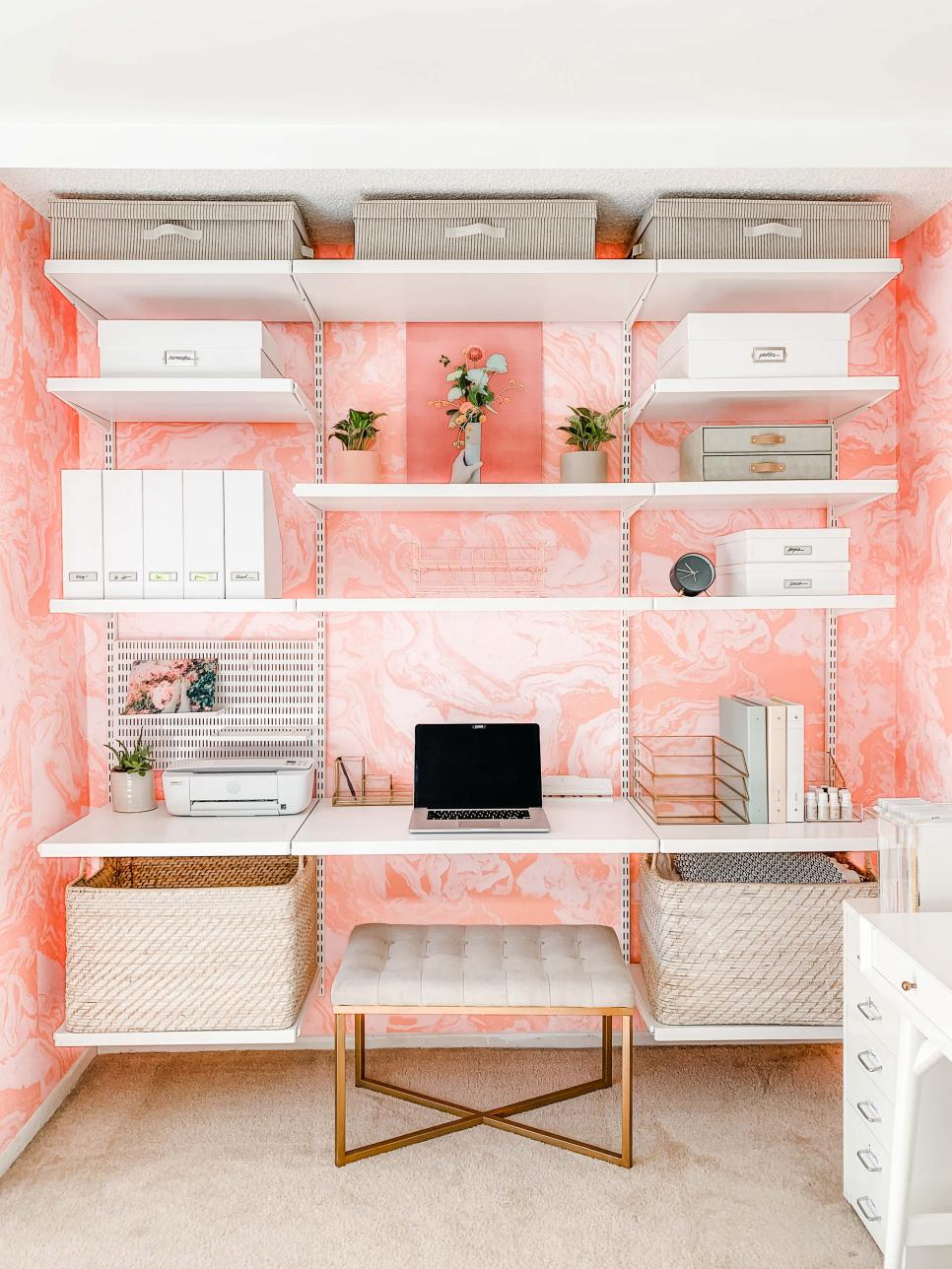 Pink Home Office With Open Shelves | HGTV