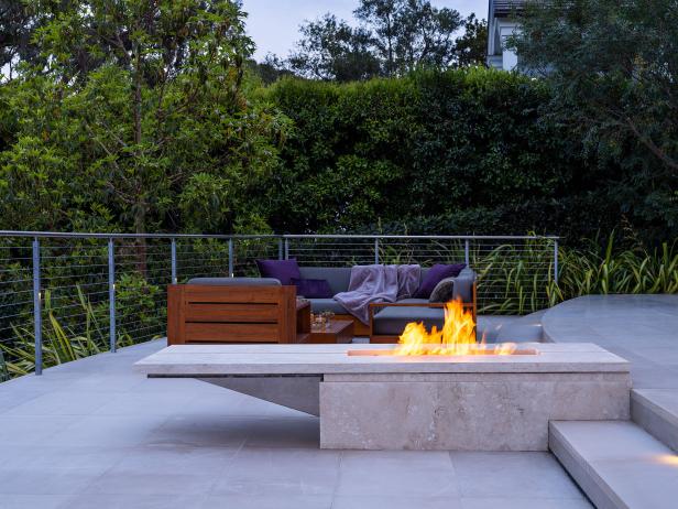 Fire Pit and Gray Outdoor Sofa | HGTV