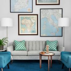 Transitional Blue Sitting Area With Maps
