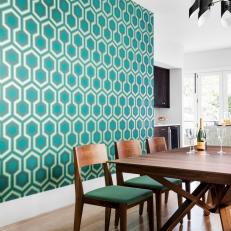Blue Midcentury Dining Room With Graphic Wallpaper