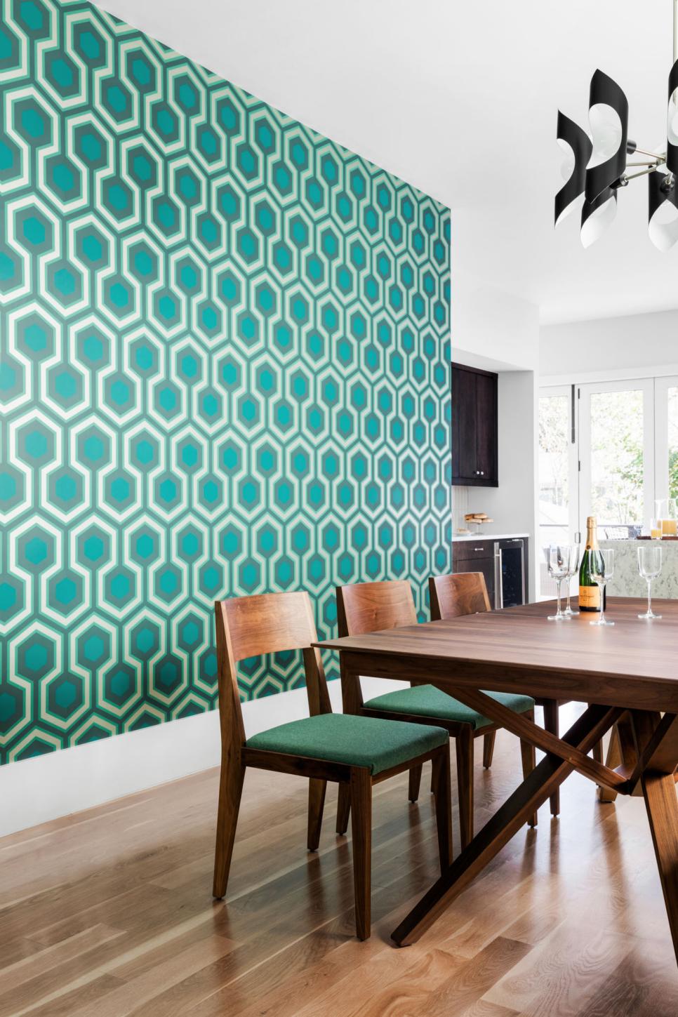Blue Midcentury Dining Room With Graphic Wallpaper | HGTV