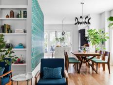 Open Plan Dining Room With Blue Wallpaper