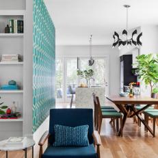 Open Plan Dining Room With Blue Wallpaper
