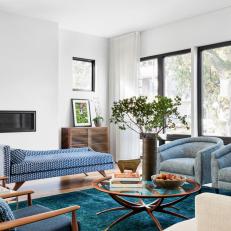Transitional Blue Living Room With Bench