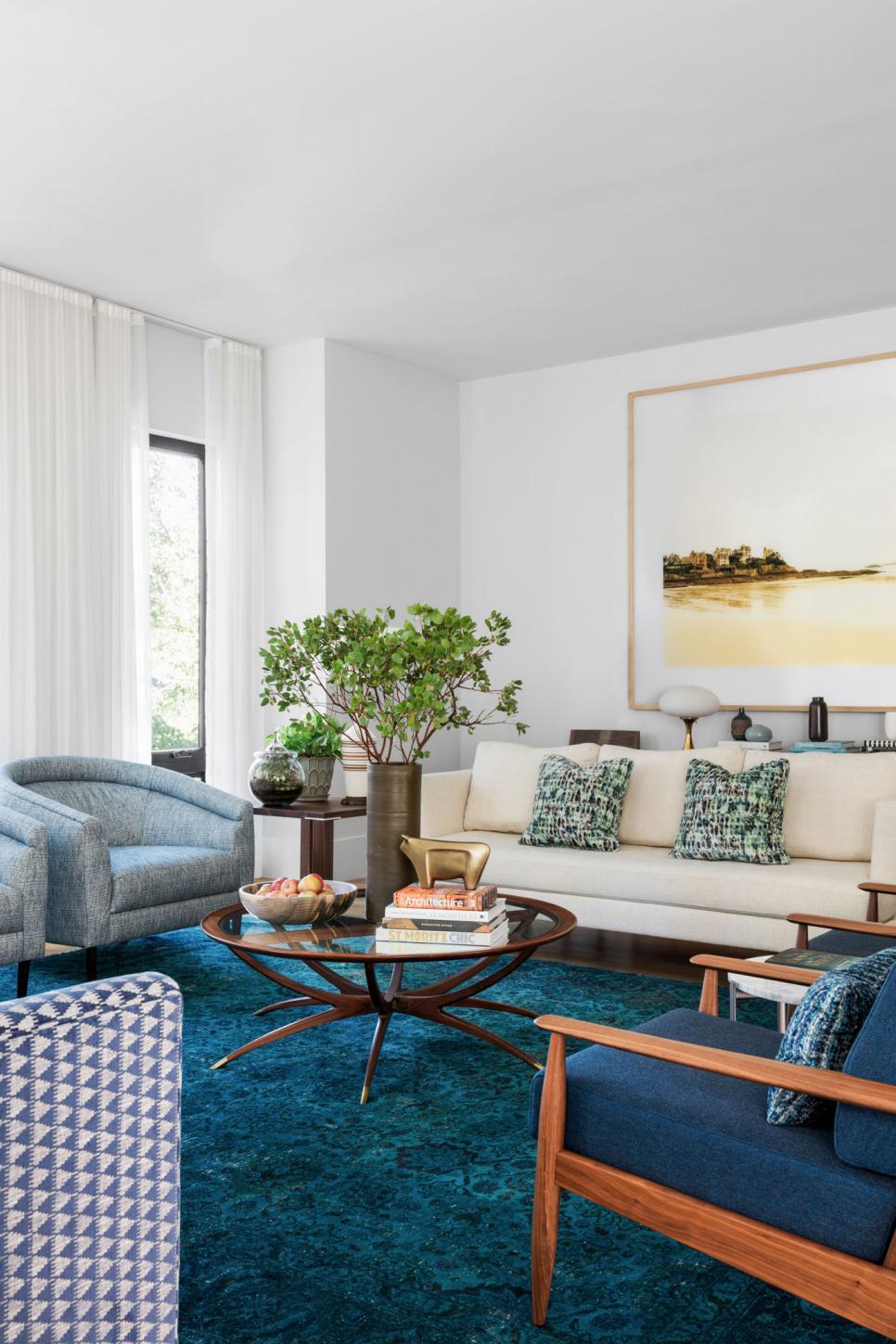 Blue Transitional Living Room With Vintage Table HGTV